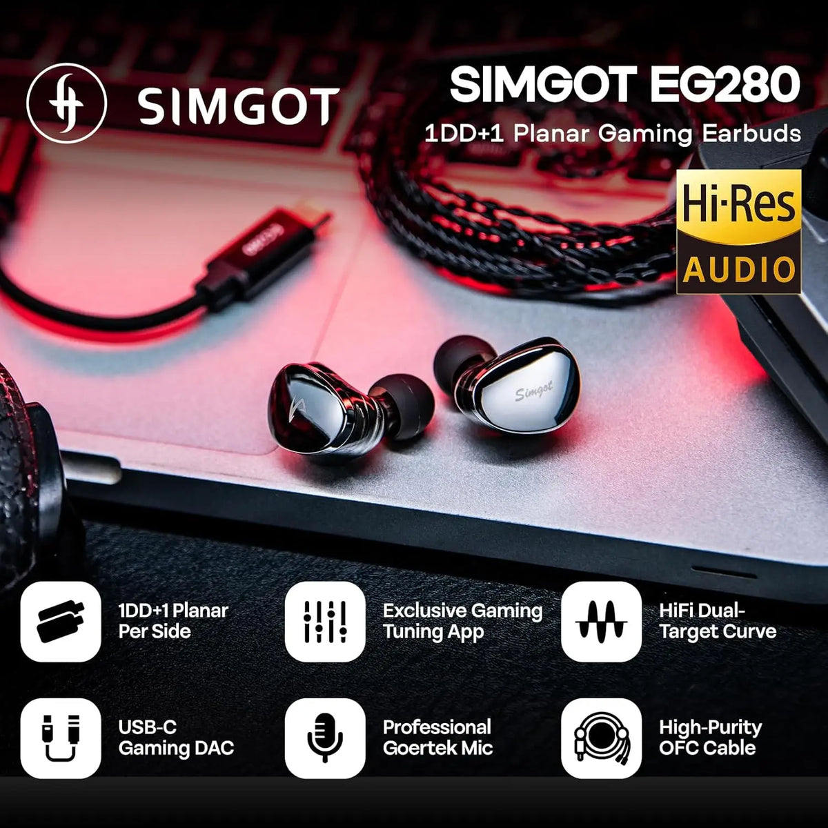 SIMGOT EG280 | 1 Planar+1DD Hybrid Technology | Wired Gaming Earphone